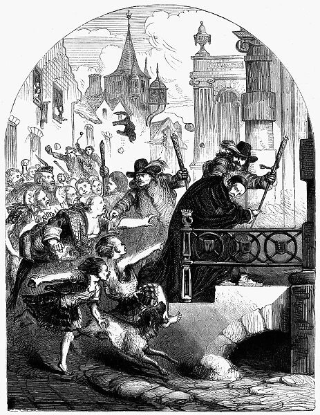 EDINBURGH: RIOT, 1637. A bishop pursued to the steps of the council house in Edinburgh, Scotland, by a riotous crowd incensed at attempts to introduce Lauds Liturgy into Scottish churches, 1637. Wood engraving, English, c1860