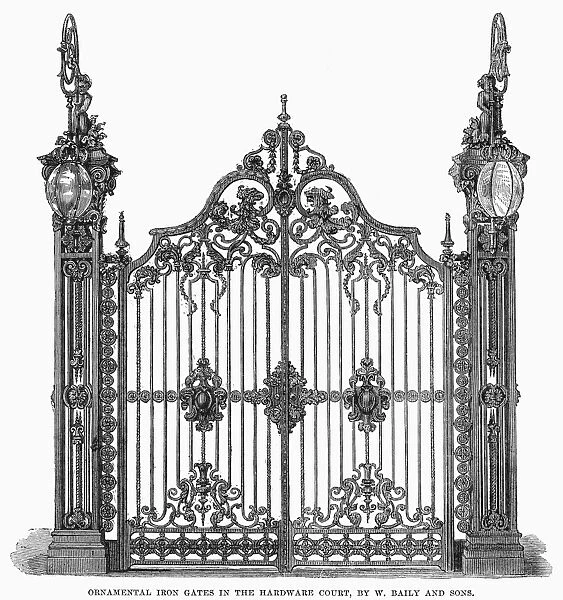 ENGLAND: IRON GATE, 1866. Ornamental iron gates at London, designed by W. Baily and Sons. Wood engraving, 1866