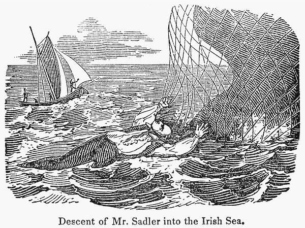 English balloonist. Sadlers crash into the Irish Sea during his attempt to cross it in October 1812. 19th century engraving