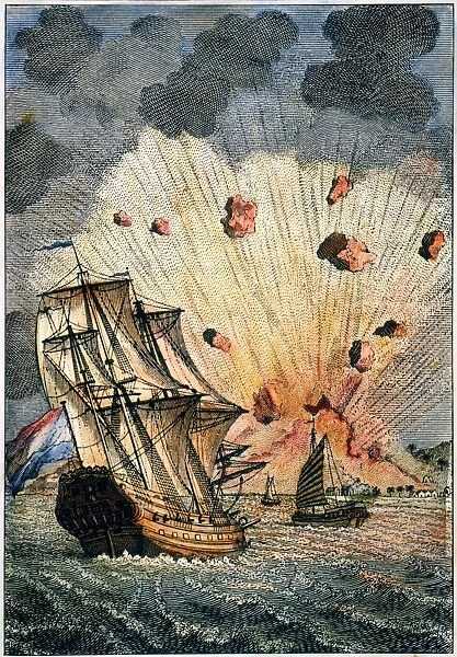 ERUPTION OF GAMKONORA. The eruption of Gamkonora at Halmahera, the largest of the Moluccas, Indonesia, in 1673. Line engraving, French, 1755