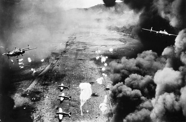 Fifth U. S. Air Force attack on a Japanese air strip near Wewak, New Guinea, February 1944