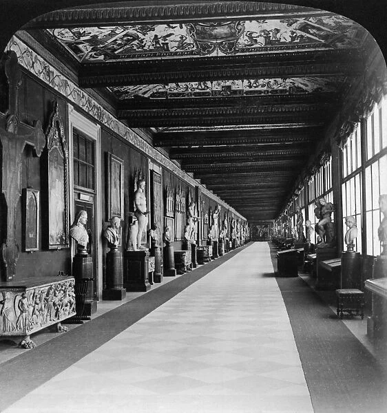 FLORENCE: UFFIZI GALLERY. A corridor in the Uffizi Gallery in Florence, Italy. Stereograph