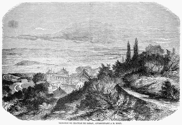 FRANCE: WINE CHATEAU, 1862. The vineyards of Chateau de Saran, belonging to Mo├½t et Chandon at ├ëpernay, France. Wood engraving, French, 1862
