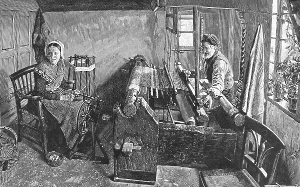 GERMANY: HOME INDUSTRY. Weaving room in a German home. Wood engraving after a painting, 1895, by Bernhard Winter