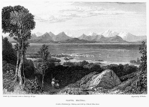 GREECE: LEVKAS, 1832. View of the Greek island of Levkas, in the Ionian Sea, looking towards the mainland. Steel engraving, English, c1832, by Edward Finden after Clarkson Stanfield