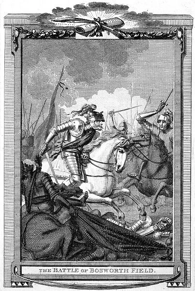 HENRY VII (1457-1509). King of England, 1485-1509. Henry (center, on white horse) at the Battle of Bosworth Field, 22 August 1485. Copper engraving, English, 18th century