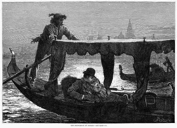 HONEYMOON AT VENICE, 1879. An English newlywed couple in a gondola on the Grand Canal in Venice, Italy. Wood engraving, English, 1879