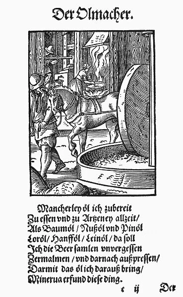 A horse-drawn oil press, used to extract edible and medicinal oils from seeds and vegetables. Woodcut, 1568, by Jost Amman