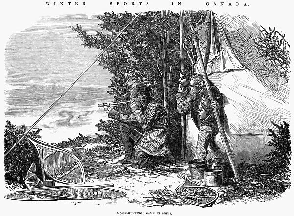 HUNTING: MOOSE, 1868. Game in sight. Moose hunting in Canada. Wood engraving, 1868