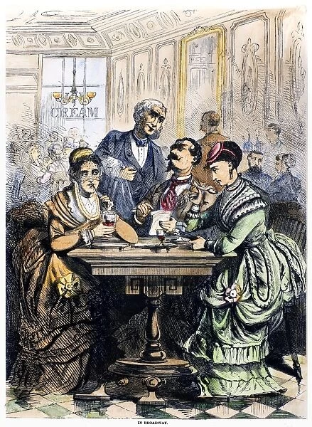 ICE CREAM PARLOR, 1868. An ice cream parlor on Broadway in New York City. Wood engraving, American, 1868