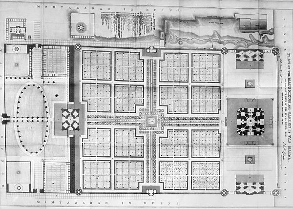 INDIA: TAJ MAHAL PLAN. Floor plan of the mausoleum and garden of the Taj Mahal in Agra, India, a marble mausoleum built (1631-1645) by the Mogul Emperor Shah Jahan in memory of his favorite wife, Mumtaz Mahal. Engraving from the Journal of the Royal Asiatic Society, English, 1843