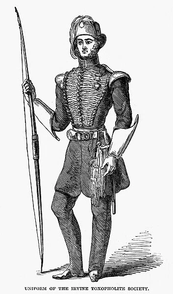 IRVINE TOXOPHILITE, 1846. Uniform of the Irvine Toxophilite Society, an English Archery society. Wood engraving, 1846