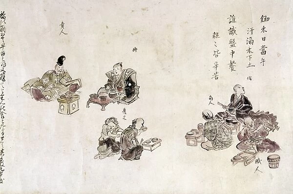 Japanese from a broad social spectrum eating rice. From left: nobleman, samurai, peasants, monk, merchant, and artisan. Scroll painting, 1843