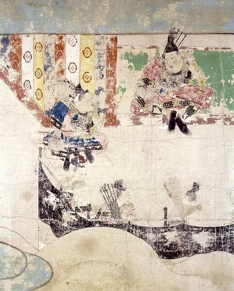 Japanese warrior in full battle regalia during the Later Three Years War (c1086-1089). Scroll drawing, 12th century