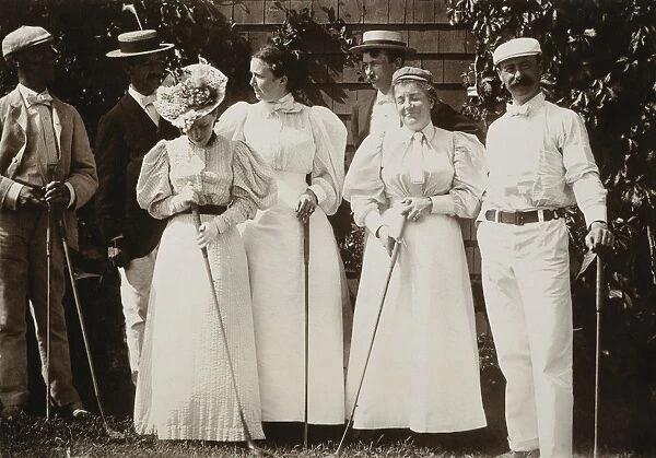 A jolly party of golfers posing for the photographer, c1895