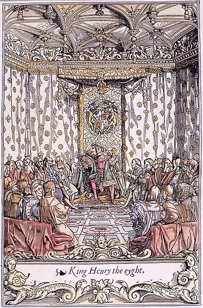 KING HENRY VIII OF ENGLAND (1491-1547) in Parliament: contemporary English engraving