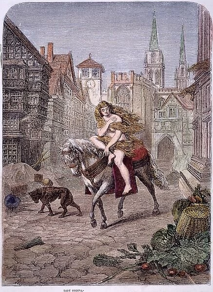 LADY GODIVA (1140-1180). Wife of Leofric, Earl of Mercia. Lady Godiva rides through Coventry. Wood engraving, 1866, after Emanuel Leutze (1816-1868)