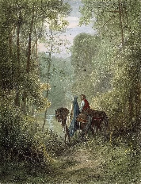 LANCELOT & GUINEVERE. The Dawn of Love: Lancelot and Guinevere. Steel engraving, 1867, after Gustave Dor