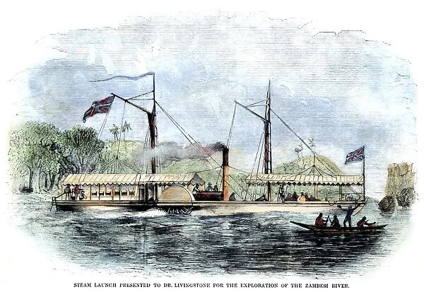 LIVINGSTONE: STEAM LAUNCH. David Livingstones steam launch on the Zambezi River, 1858. Contemporary wood engraving