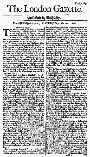 LONDON: GREAT FIRE, 1666. Front page of the London Gazette from 10 September 1666