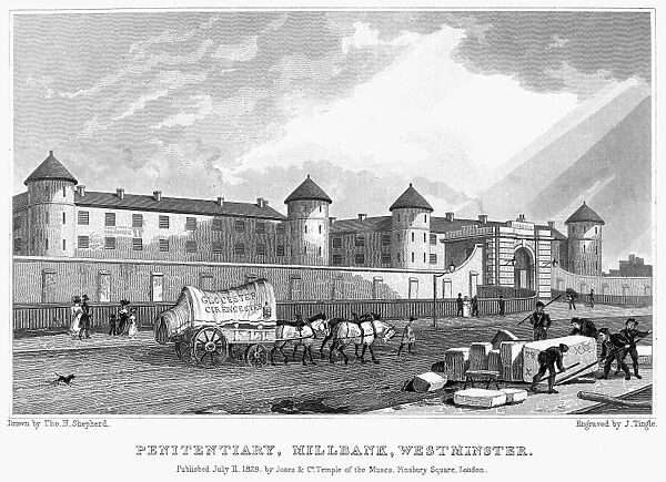 LONDON: PRISON, 1829. Exterior view of the Millbank Prison in Westminster, London, England. Steel engraving, English, 1829, after Thomas Shepherd