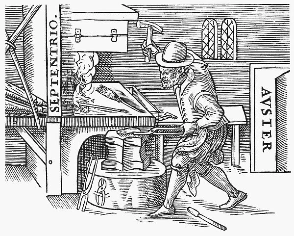 MAGNETIZING IRON, 1600. A blacksmith hammering a heated iron bar to be magnetized