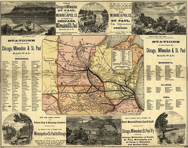 MAP: RAILWAY, 1874. A map of the Chicago, Milwaukee, and St. Paul railways, with illustrations. Map by Rand McNally & Co. 1874