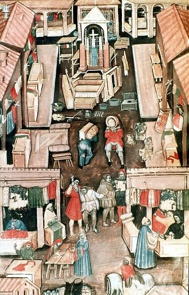 A MARKET IN BOLOGNA, ITALY. Manuscript illumination, Italian, late 15th century