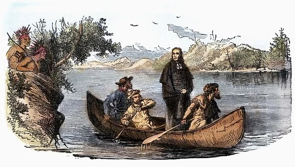 MARQUETTE & JOLLIET, 1673. Father Jacques Marquette (standing), Louis Jolliet, and their companions descending the Mississippi River in 1673. Wood engraving, American, late 19th century