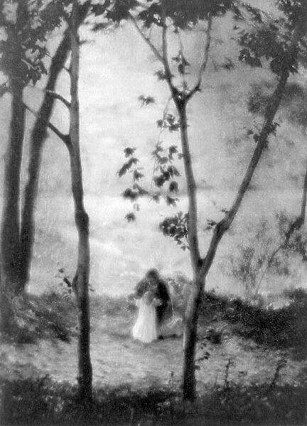 MARY LEARNS TO WALK. A woman teaching a little girl to walk with trees in foreground