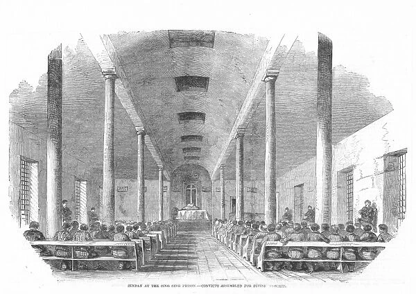 MASS AT SING SING PRISON. In Ossining, New York. Wood engraving, 1853