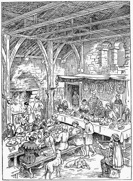 MEDIEVAL DINING HALL. A medieval dining hall with the lord of the manor at one table, guests at a lower table and a bard entertaining them all. Line engraving