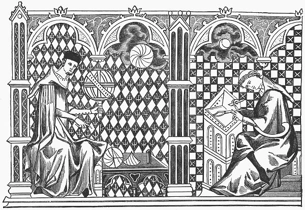 MEDIEVAL MATHEMATICIANS. Two mathematical monks; one teaching the globe, the other copying a manuscript. Engraving after a miniature in the 13th century ms. of the Romance of the Image of the World