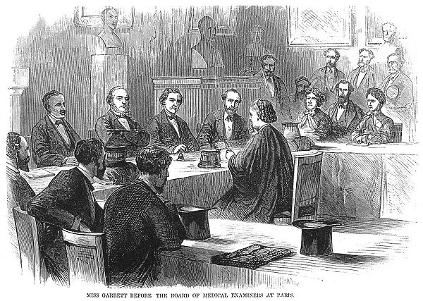 Miss Garrett, an American who became Doctor of Medicine of the faculty of Paris, France, sitting for her examination before the French board of medical examiners. Wood engraving, American, 1870