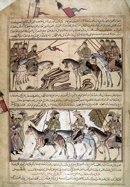 MONGOL TROOPS. Mongol troops on horseback. Illuminations from the Jami al-Tawarikh