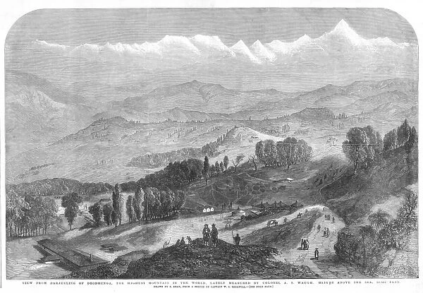 MOUNT EVEREST, 1857. Deodhunga, later renamed Mt. Everest, as viewed from Darjeeling, India. Wood engraving, English, 1857