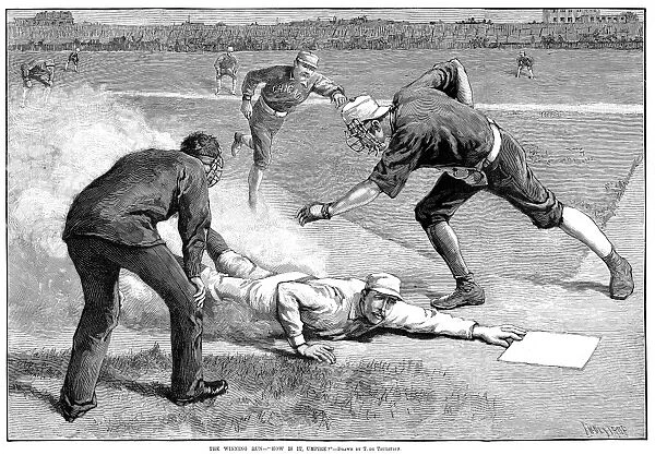 New York Giants catcher William Buck Ewing slides home safely under Chicago White Stockings catcher Silver Flint to score the winning run in a 1-0 game at the Polo Grounds, New York, 6 August 1885. Wood engraving after Thure de Thulstrup from a contemporary American newspaper