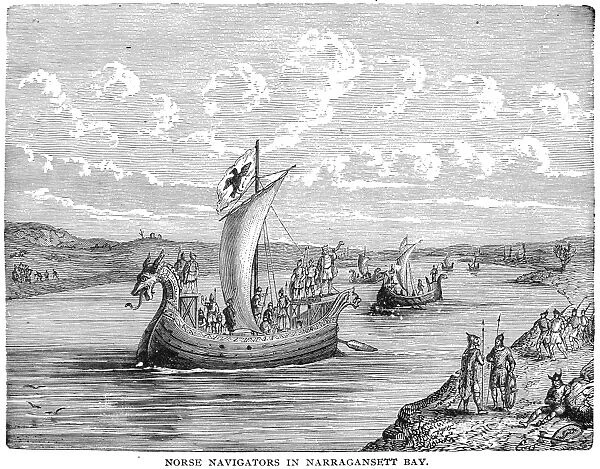 NORSE SHIPS, 1000 A. D. Norse navigators in Narragansett Bay (modern Rhode Island). Wood engraving, American, 19th century