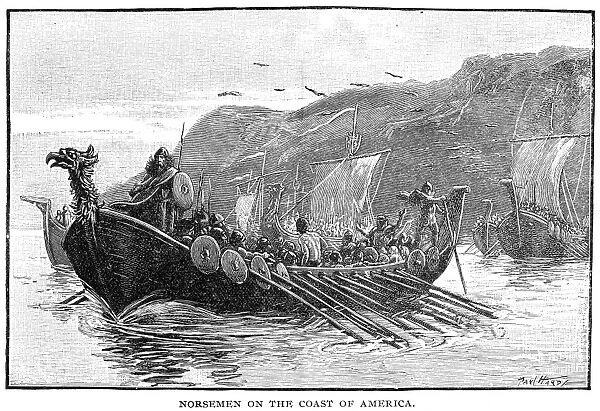 NORSE SHIPS, c1000 A. D. Norsemen off the coast of North America. Wood engraving, American, late 19th century