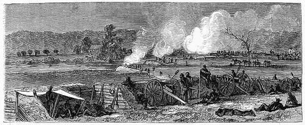NORTH ANNA RIVER, 1864. Union troops in position on the North Anna River under fire from the Confederate troops, May 1864. Wood engraving, American, 1864