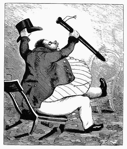 OBESE MAN AND CHAIR. Wood engraving, American, 19th century