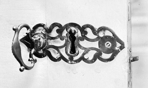 An original lock and handle for a door designed by Thomas Jefferson from his house at Monticello, near Charlottesville, Virginia