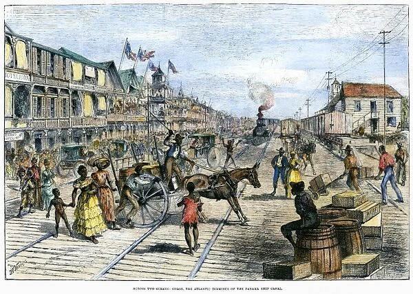 PANAMA RAILWAY, 1888. Scene at the railway station in Colon, Panama, the Atlantic terminus of the Panama Railway, connecting the Atlantic and Pacific oceans. Wood engraving, English, 1888