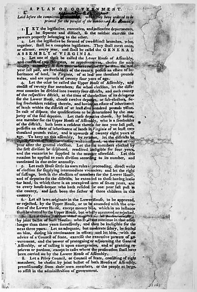 A Plan of Government, laid before the committee for the perusal of the members, c1775 or early 1776. The plan calls for an Upper and Lower House of the General Assembly