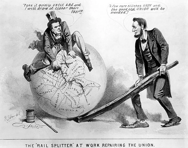 PRESIDENTIAL CAMPAIGN: 1864. Contemporary American cartoon showing the Rail Splitter Abraham Lincoln and his running mate Andrew Johnson, the Tennessee tailor, pointing out the task of reconstruction which lay ahead