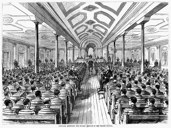 PRISON CHAPEL, 1878. Convicts attending the Sunday service in the prison chapel at Sing Sing, New York. Wood engraving from an American newspaper of 1878