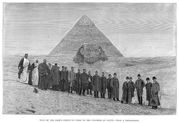 PYRAMID AND SPHINX, 1887. Visit of the Crown Prince of Italy to the Pyramids at Giza, Egypt. Line engraving, 1887