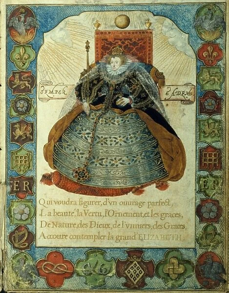 QUEEN ELIZABETH I. (1533-1603). Queen of England and Ireland, 1558-1603: colored English engraving, 1586