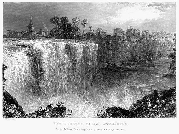 ROCHESTER: GENESEE FALLS. The high falls of the Genesee River in Rochester, New York. Steel engraving, English, 1838