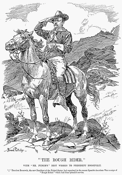 The Rough Rider. An English cartoon tribute by Bernard Partridge published on Theodore Roosevelts succession to the presidency in 1901